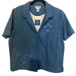 Alfred Dunner Blue Linen Cotton Shirt Set Embroidered 16 Coastal Floral Beachy